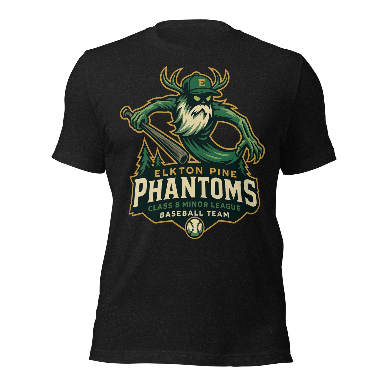 Flat lay of Elkton Pine Phantoms vintage minor league baseball t-shirt in heather black with cryptid Wendigo mascot design