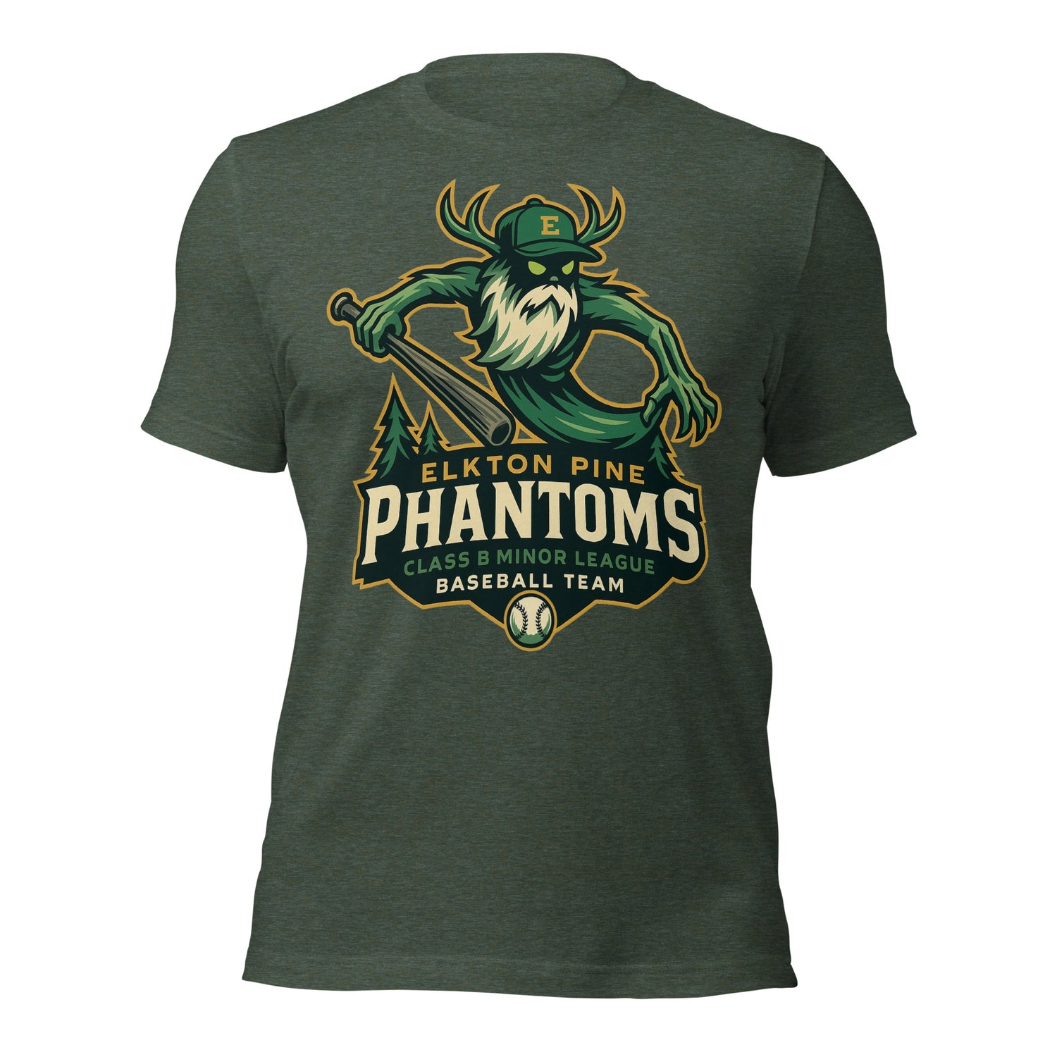 Flat lay of Elkton Pine Phantoms retro baseball t-shirt in heather forest green with spooky Wendigo-inspired mascot