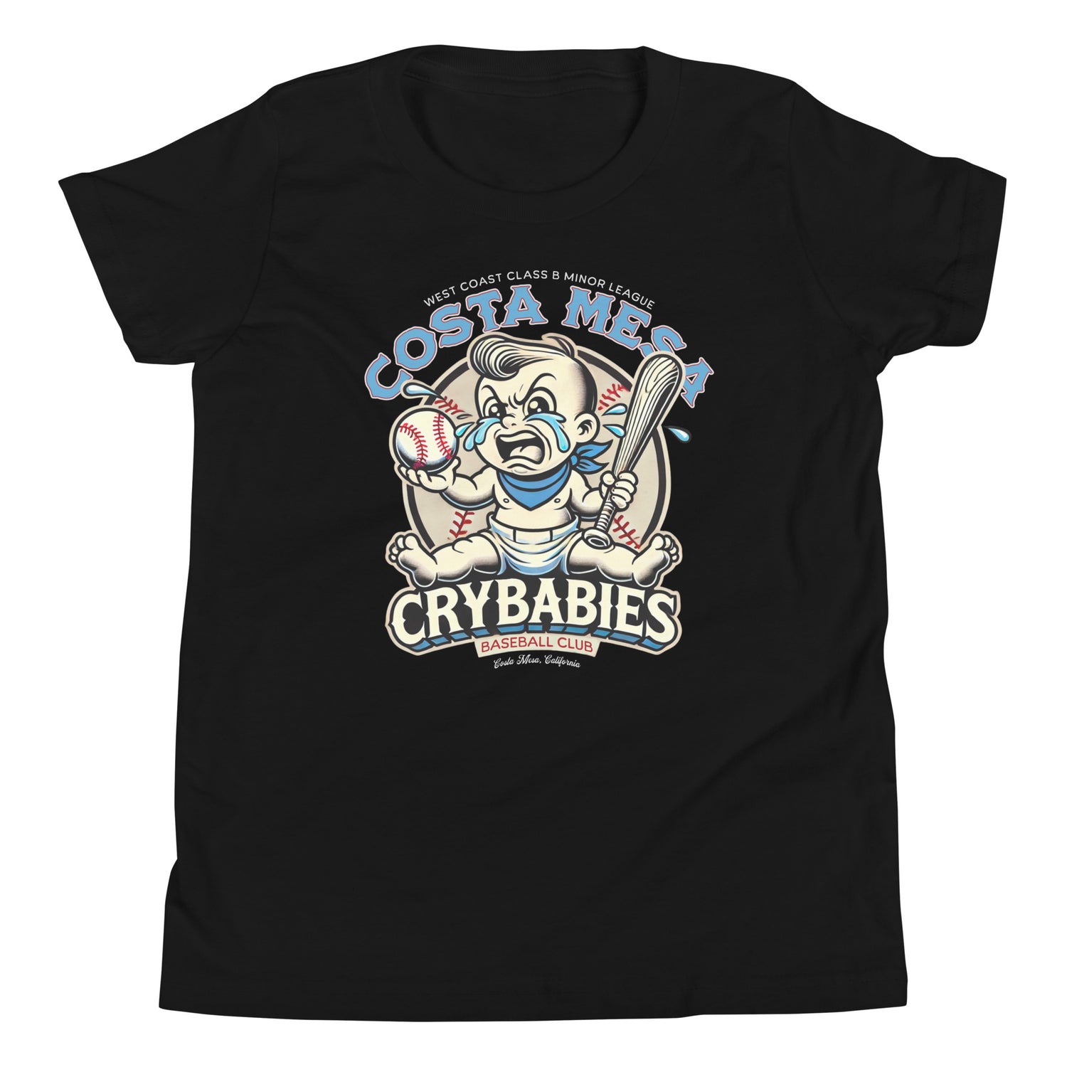 Flat lay of youth-sized Costa Mesa Crybabies t-shirt in black featuring old school crying baby baseball design