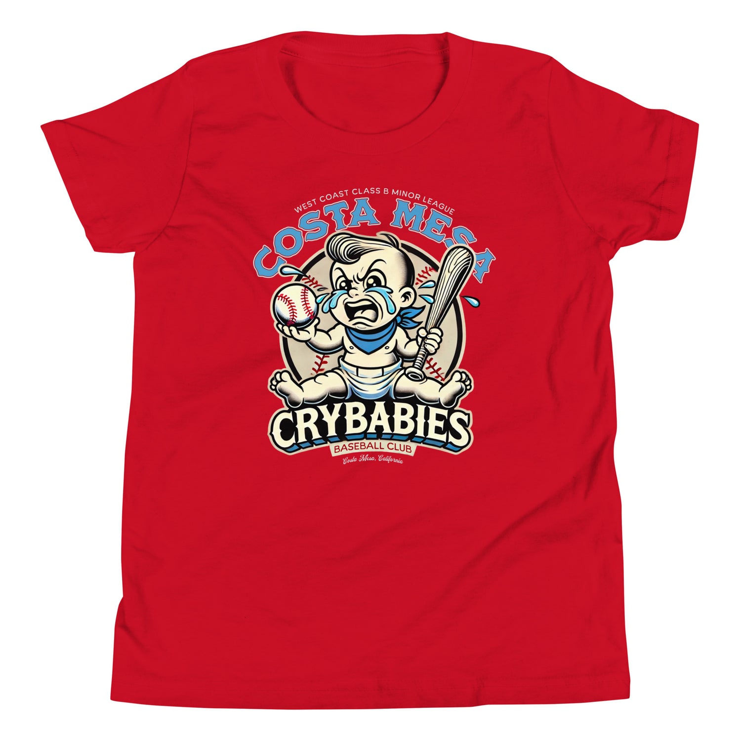 Flat lay of youth-sized Costa Mesa Crybabies t-shirt in heather red with vintage baseball baby mascot