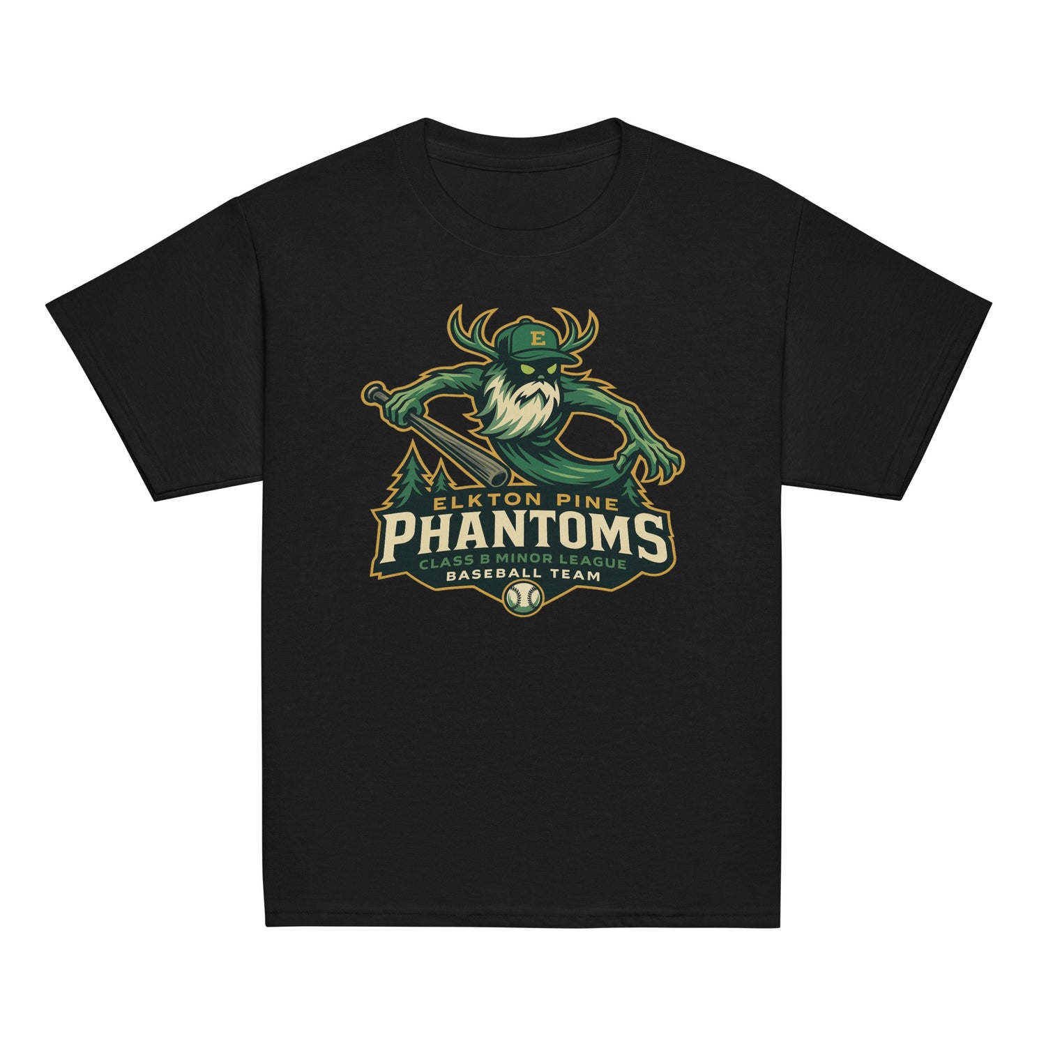 Flat lay of Elkton Pine Phantoms youth retro baseball t-shirt in black featuring Wendigo mascot design