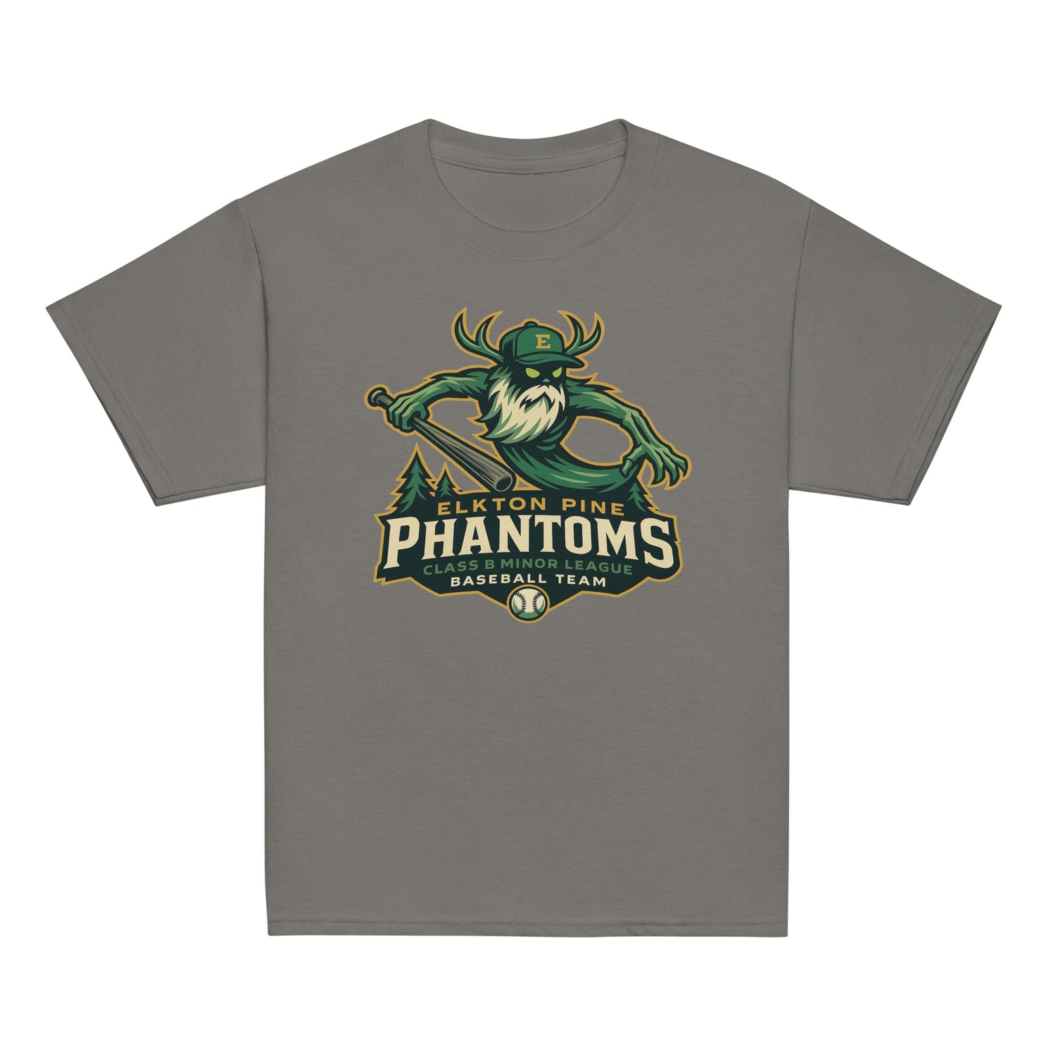 Flat lay of dark heather charcoal Elkton Pine Phantoms youth vintage baseball shirt with spooky cryptid mascot