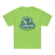 Top-down view of Fremont Lake Lurkers youth t-shirts in lime, showcasing the vintage cryptid baseball mascot inspired by the Loch Ness Monster.