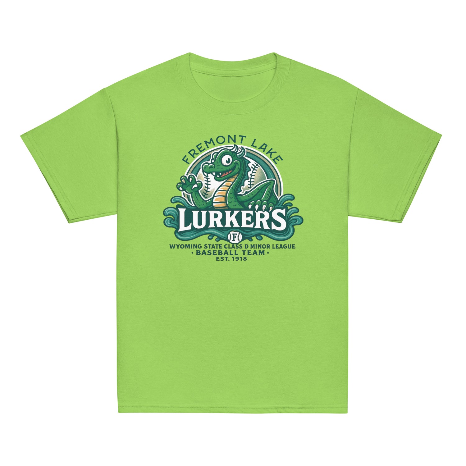 Top-down view of Fremont Lake Lurkers youth t-shirts in lime, showcasing the vintage cryptid baseball mascot inspired by the Loch Ness Monster.