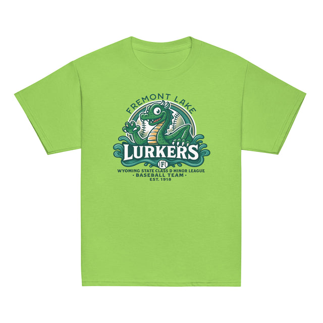 Top-down view of Fremont Lake Lurkers youth t-shirts in lime, showcasing the vintage cryptid baseball mascot inspired by the Loch Ness Monster.