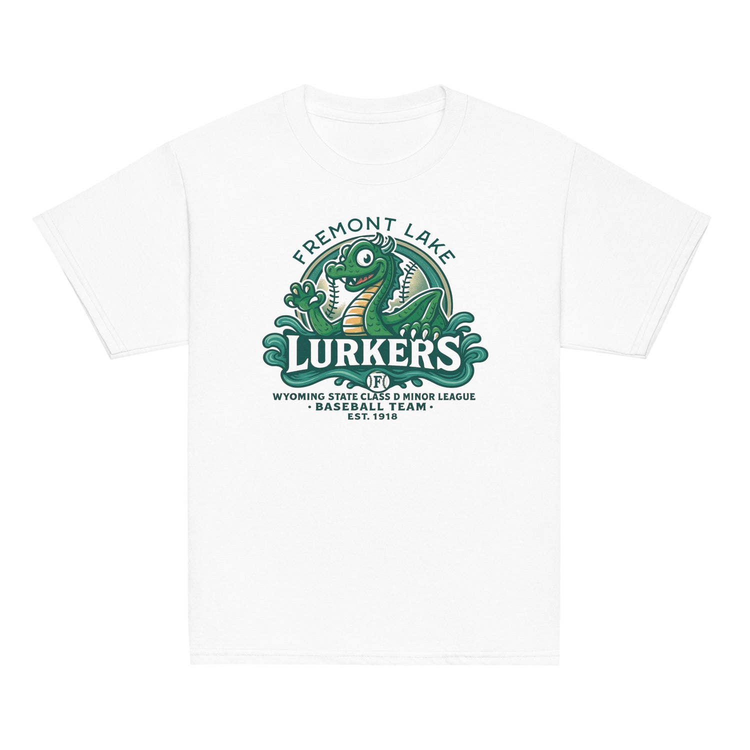 Top-down view of Fremont Lake Lurkers youth t-shirts in white, showcasing the vintage cryptid baseball mascot inspired by the Loch Ness Monster.