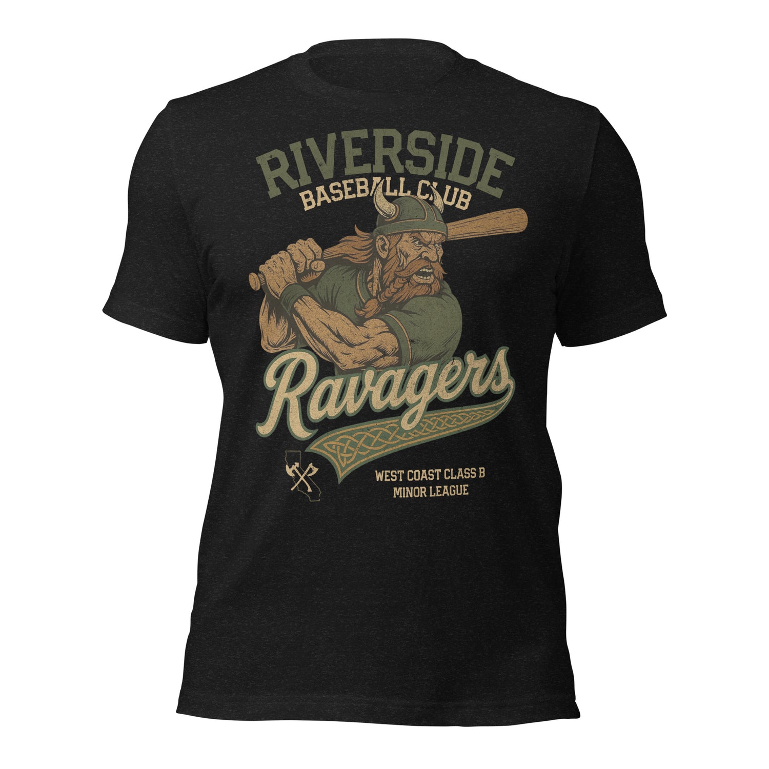 Flat lay of Riverside Ravagers adult t-shirt in heather black featuring retro Viking mascot graphic by Outfield Outlaws.

