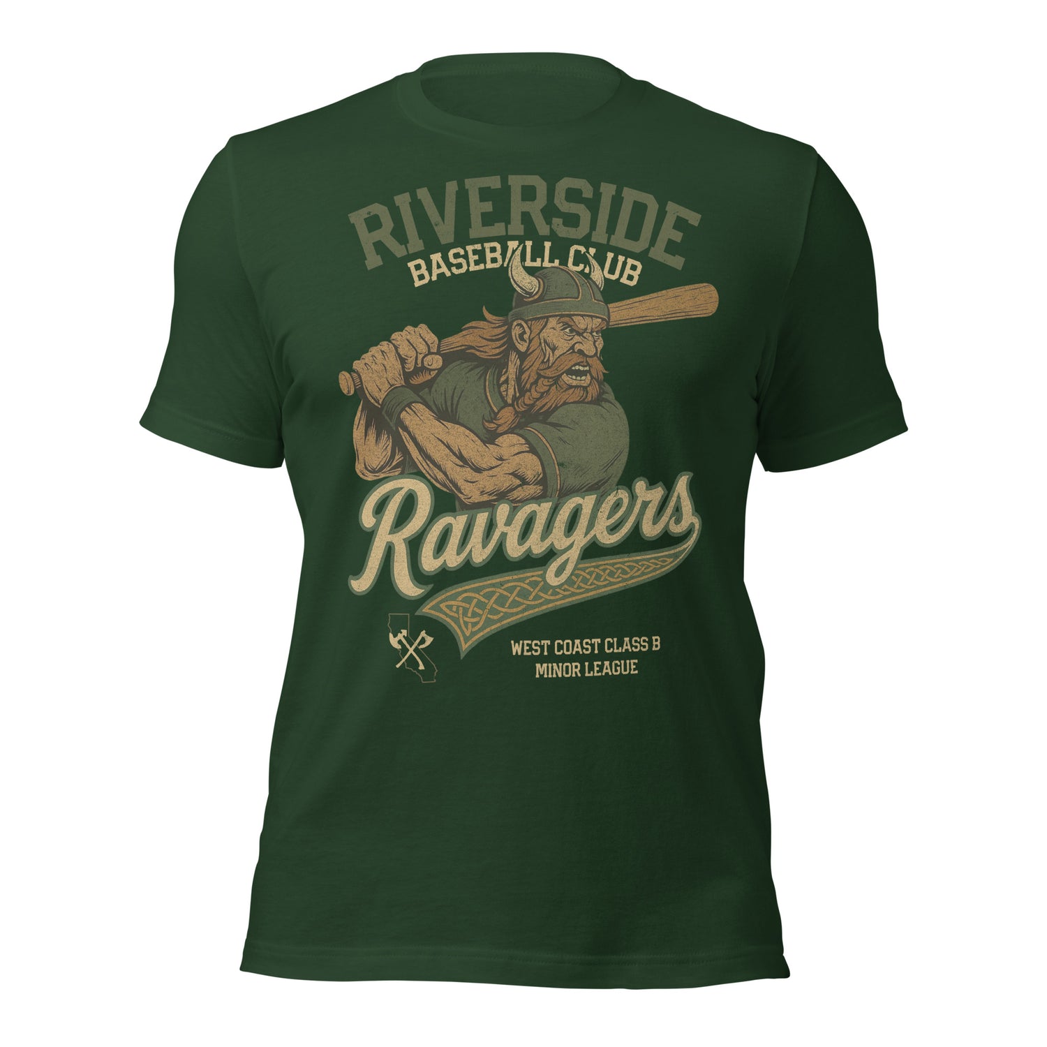 Flat lay of Riverside Ravagers adult t-shirt in heather forest green with vintage-style baseball mascot from Outfield Outlaws.