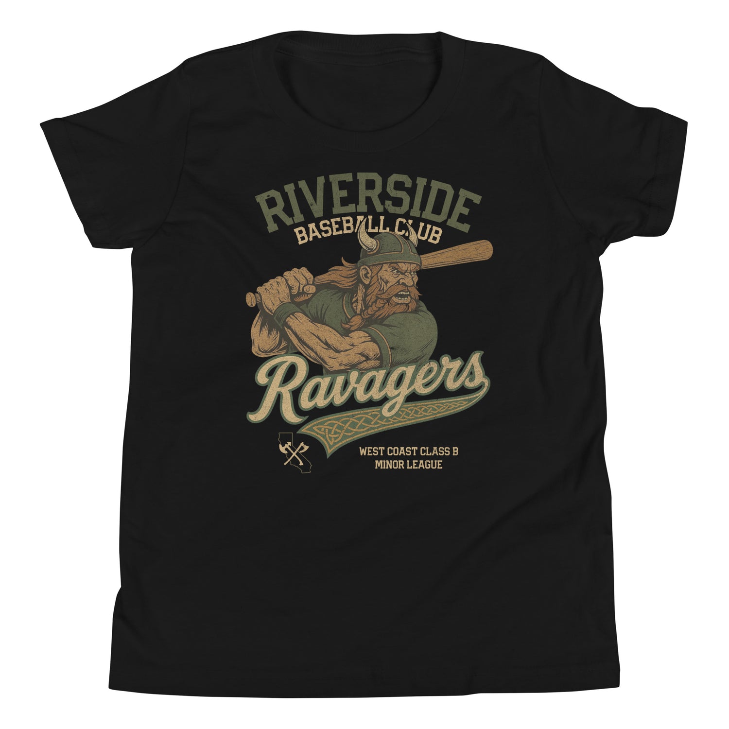 Flat lay of Riverside Ravagers youth t-shirt in black featuring the team’s retro Viking mascot, part of the Outfield Outlaws vintage baseball collection.

