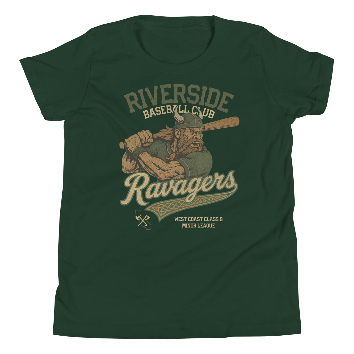 Flat lay of Riverside Ravagers youth t-shirt in heather forest green with retro minor league team design from Outfield Outlaws.