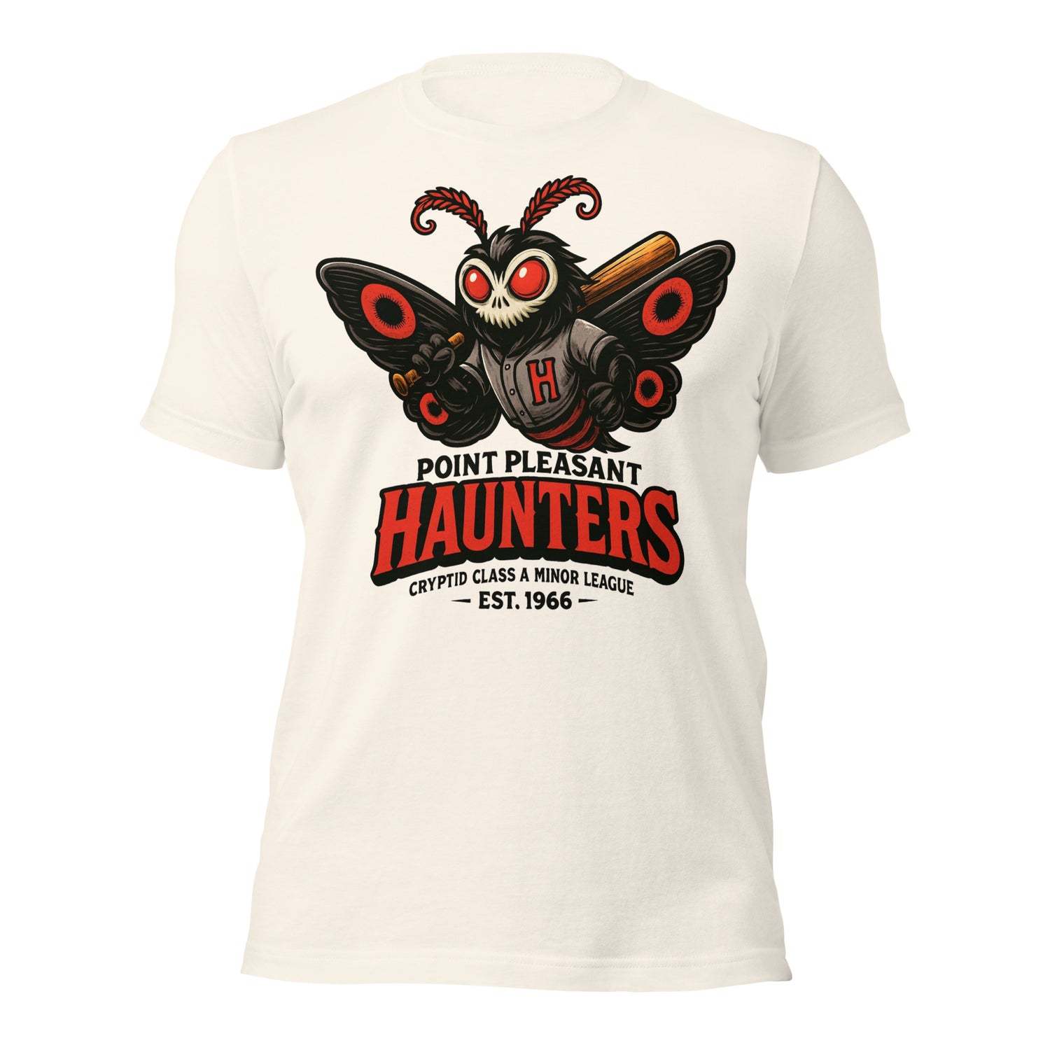 Flat lay of the white Outfield Outlaws tee with Point Pleasant Haunters Mothman mascot artwork, styled as a retro Class A minor league team design.