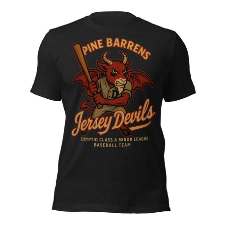 Flat lay of vintage-style Pine Barrens Jersey Devils baseball t-shirt in heather black with red devil cryptid mascot
