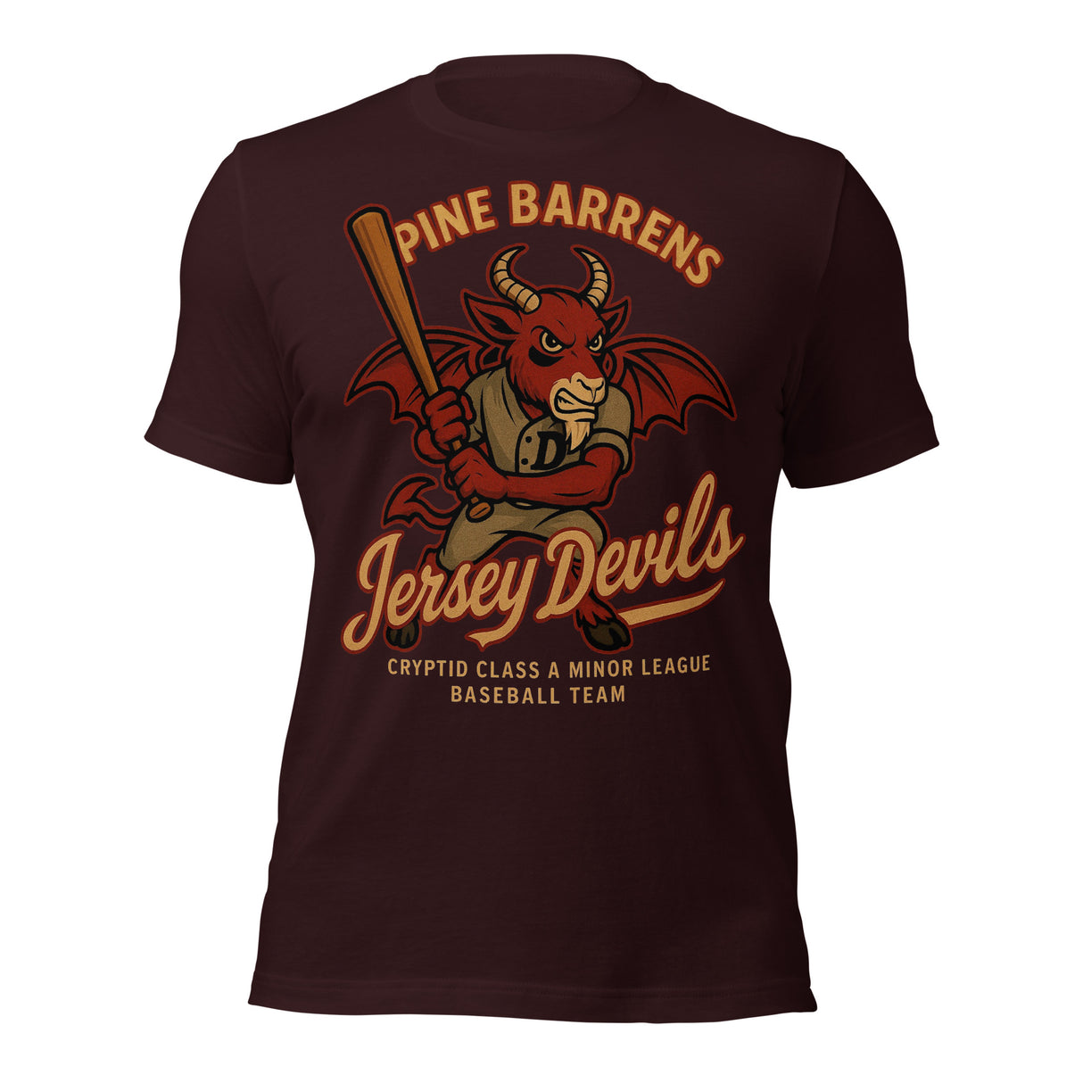 Flat lay of Pine Barrens Jersey Devils cryptid baseball shirt in oxblood black featuring retro red mascot and old-school lettering