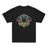 Flat lay of Outfield Outlaws youth t-shirts in black, featuring vintage-style mascot designs from the fictional Durango Dingbats minor league baseball team.