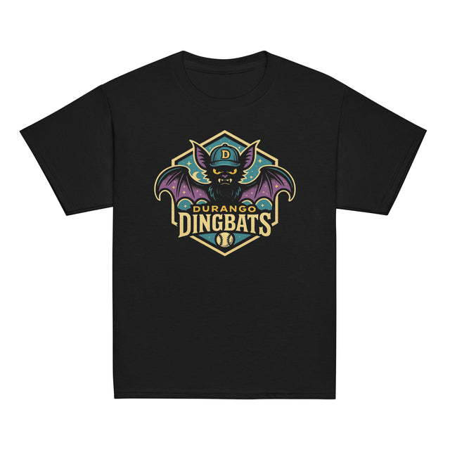 Flat lay of Outfield Outlaws youth t-shirts in black, featuring vintage-style mascot designs from the fictional Durango Dingbats minor league baseball team.