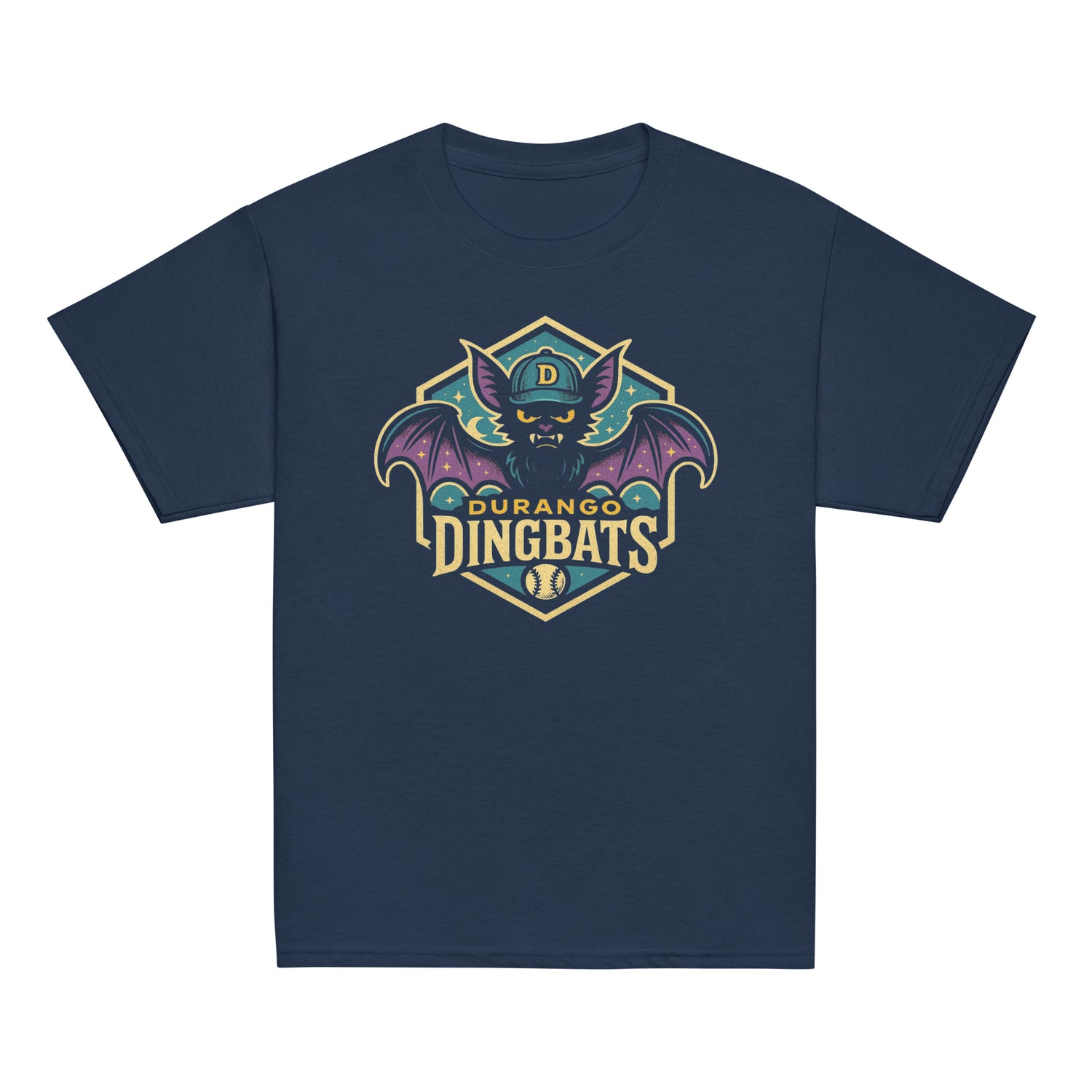 Flat lay of Outfield Outlaws youth t-shirt navy, featuring vintage-style mascot designs from the fictional Durango Dingbats minor league baseball team.