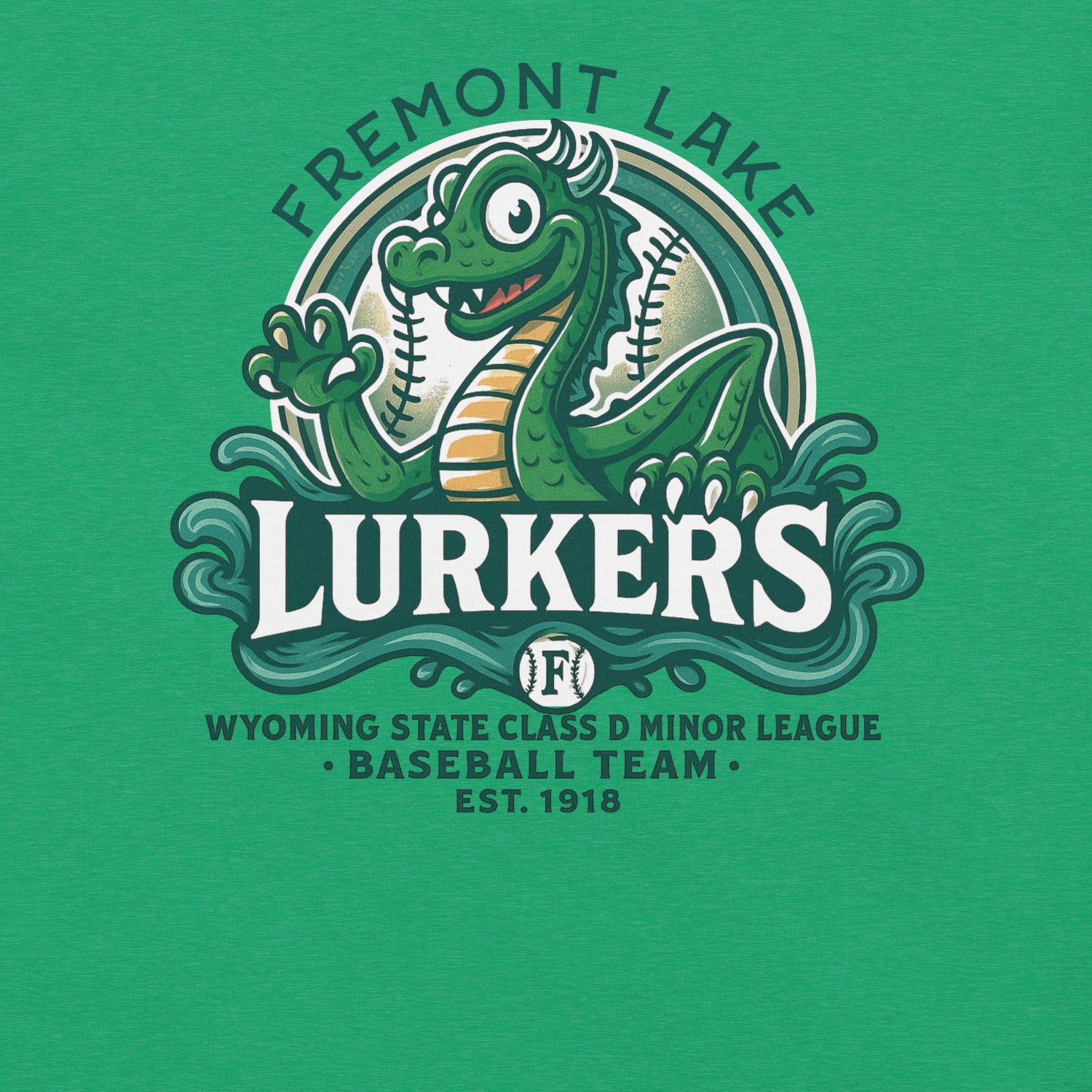 Close-up view of the Fremont Lake Lurkers mascot on heather kelly green fabric, showing bold lines and retro distressed detailing.