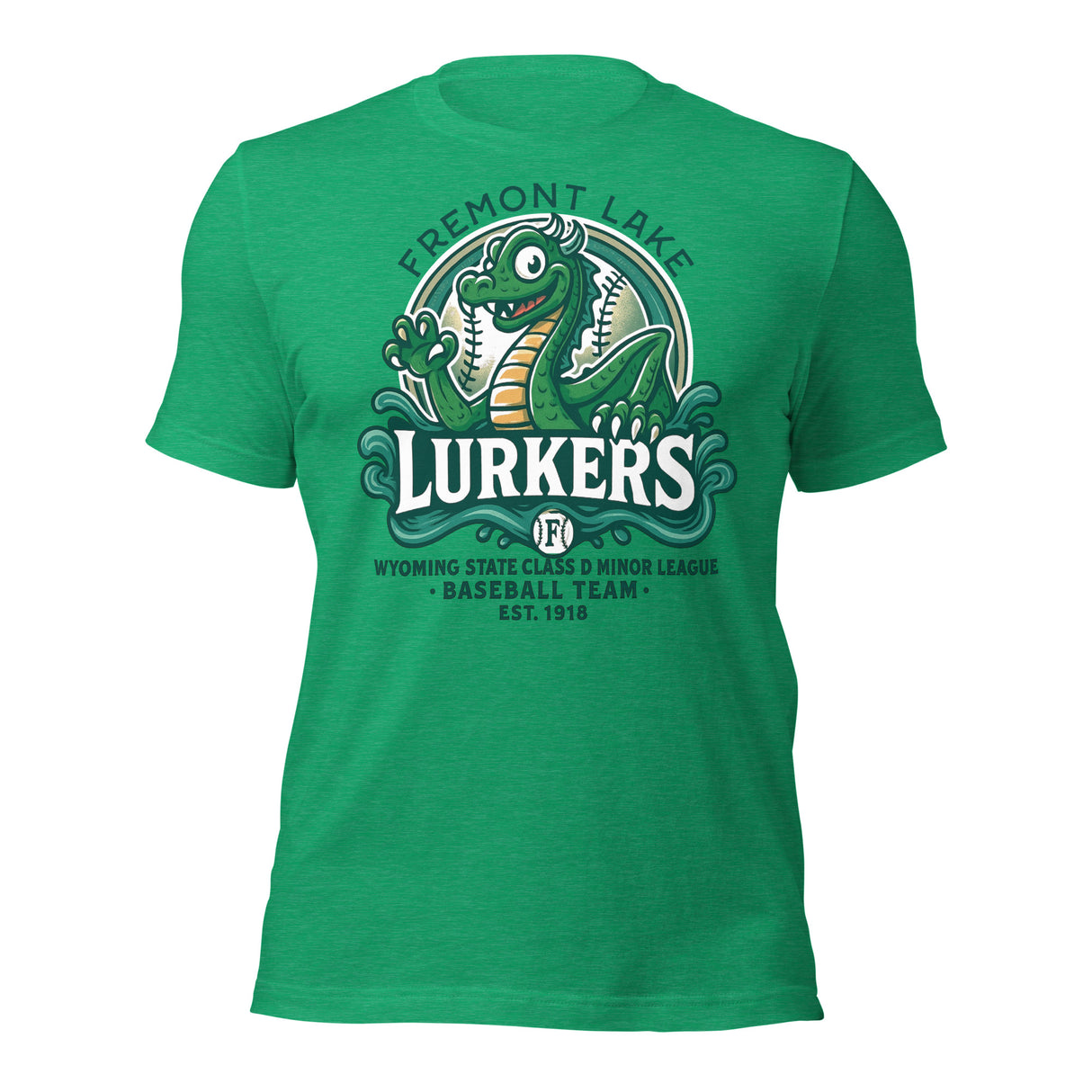 Flat lay of Fremont Lake Lurkers t-shirt in heather kelly green featuring a retro Nessie-inspired baseball mascot design.