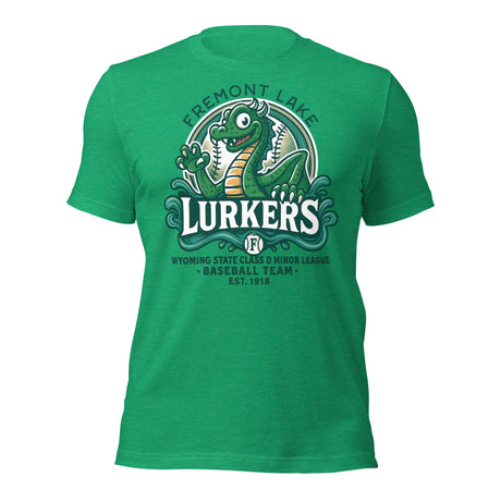 Flat lay of Fremont Lake Lurkers t-shirt in heather kelly green featuring a retro Nessie-inspired baseball mascot design.