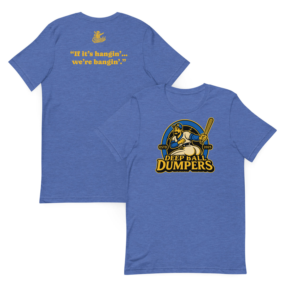 Front and back views of Deep Ball Dumpers tee in heather royal blue showing main design and solid back.