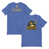 Front and back views of Deep Ball Dumpers tee in heather royal blue showing main design and solid back.
