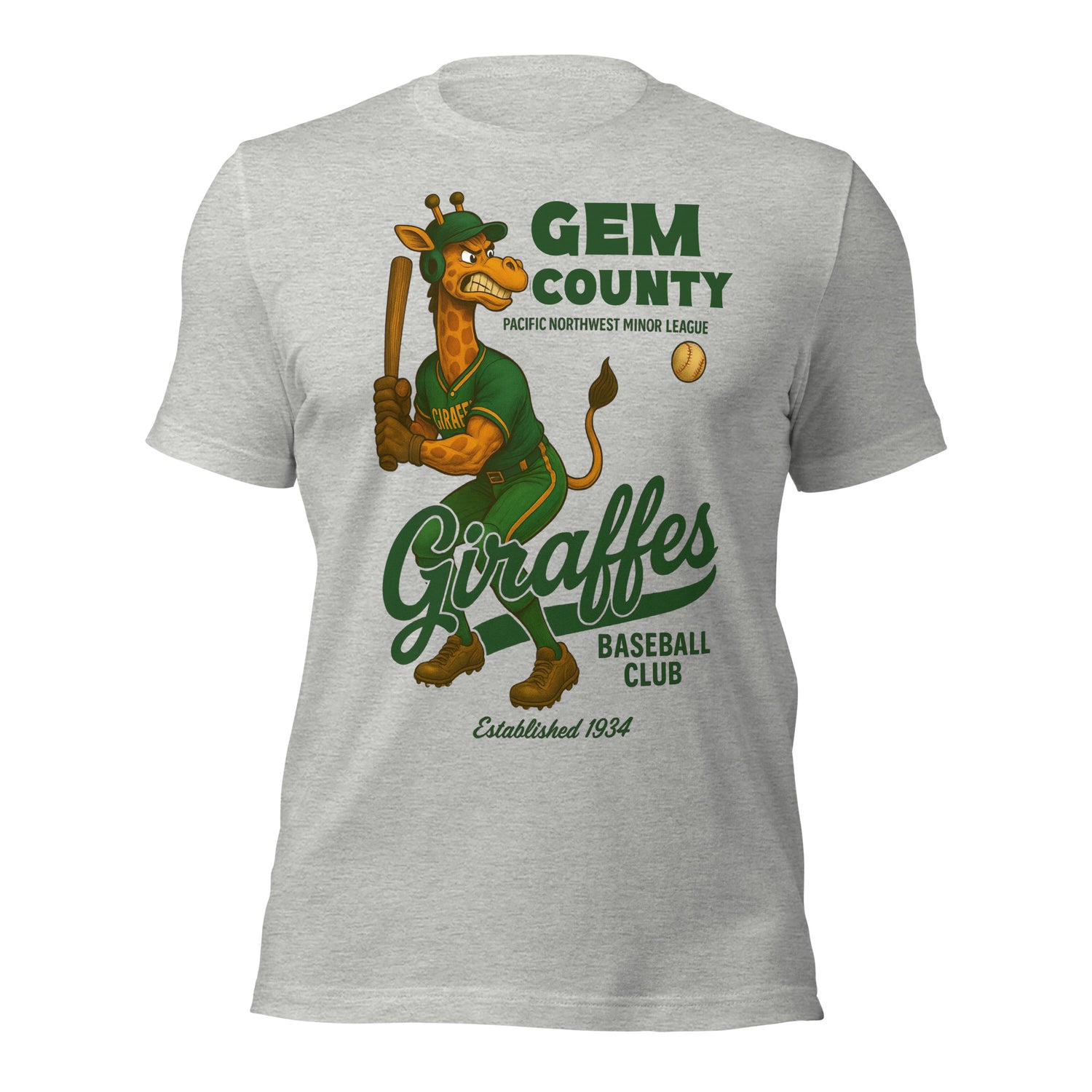 Flat lay of adult tee in athletic heather with Gem County Giraffes baseball graphic
