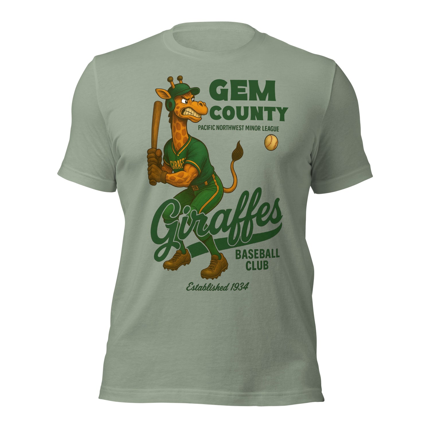 Flat lay of Outfield Outlaws adult t-shirt in sage featuring the Gem County Giraffes mascot design