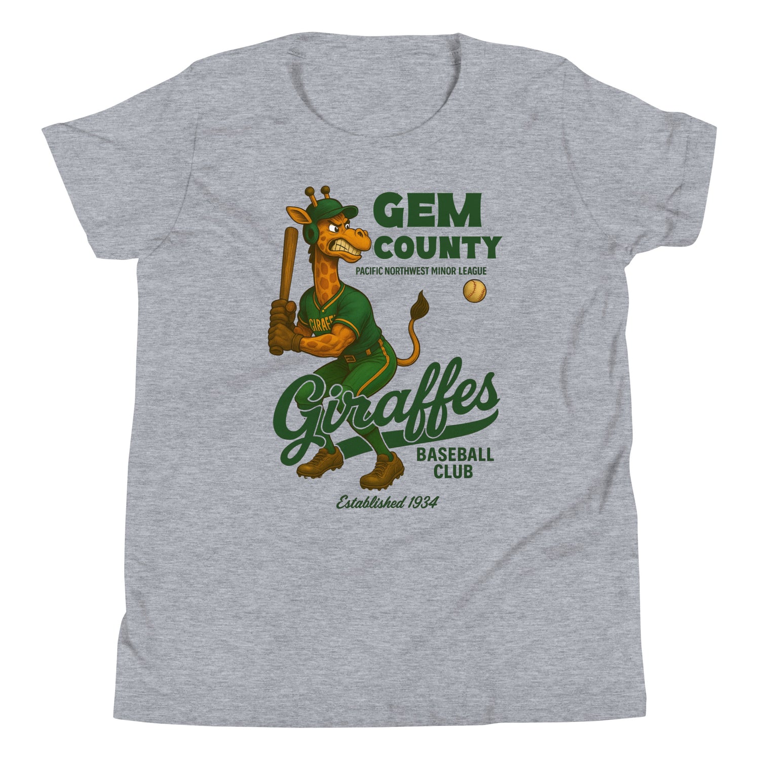 Flat lay image of the Gem County Giraffes youth t-shirt in athletic heather gray featuring giraffe baseball mascot.