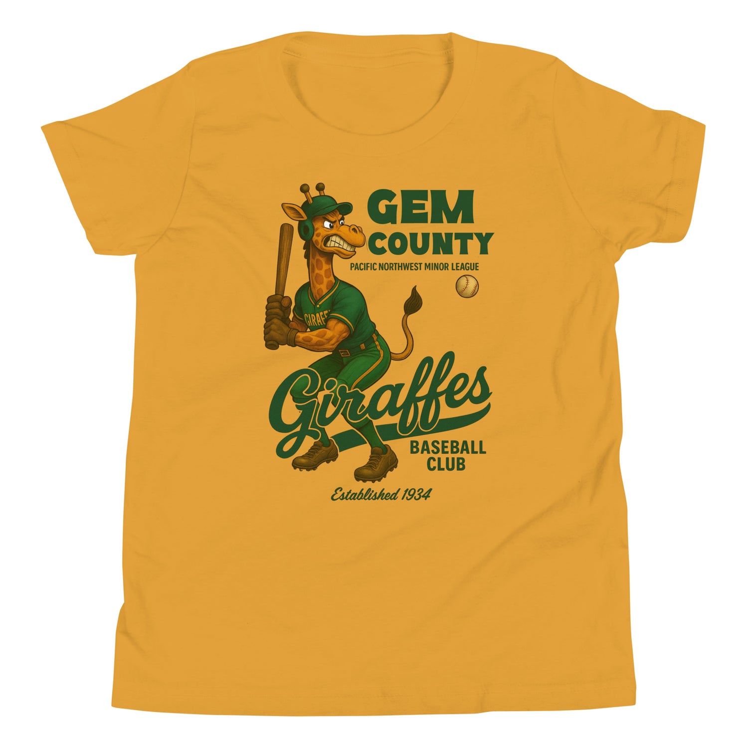 Flat lay image of the Gem County Giraffes youth t-shirt in mustard yellow with retro baseball giraffe mascot on front.