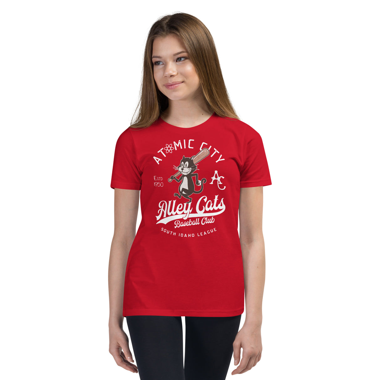Girl in Atomic City Alley Cats mascot shirt – retro youth design