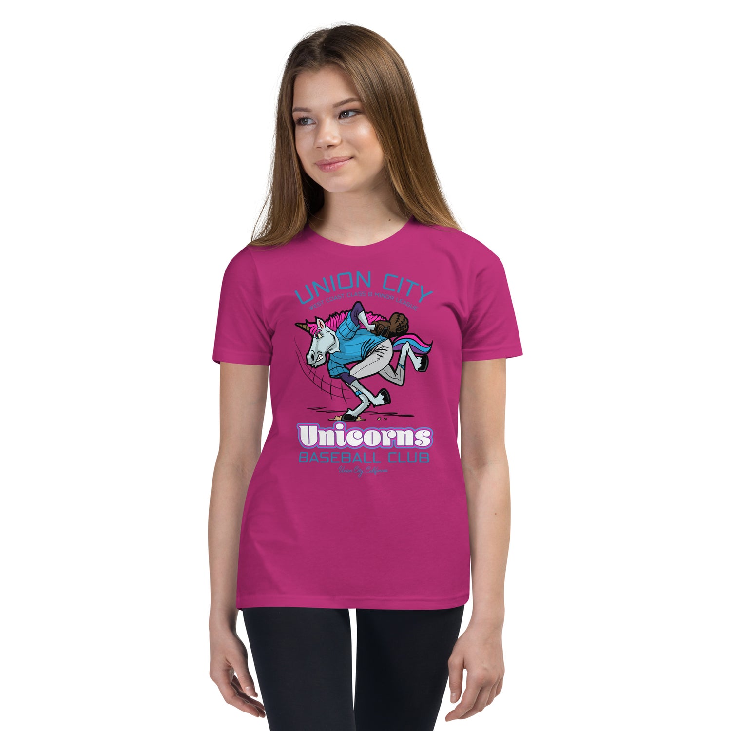 Girl in Union City Unicorns shirt – retro magical design