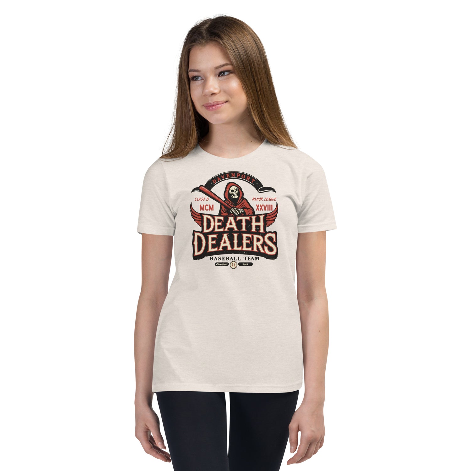 Girl in Davenport Death Dealers mascot tee – youth Bella Canvas