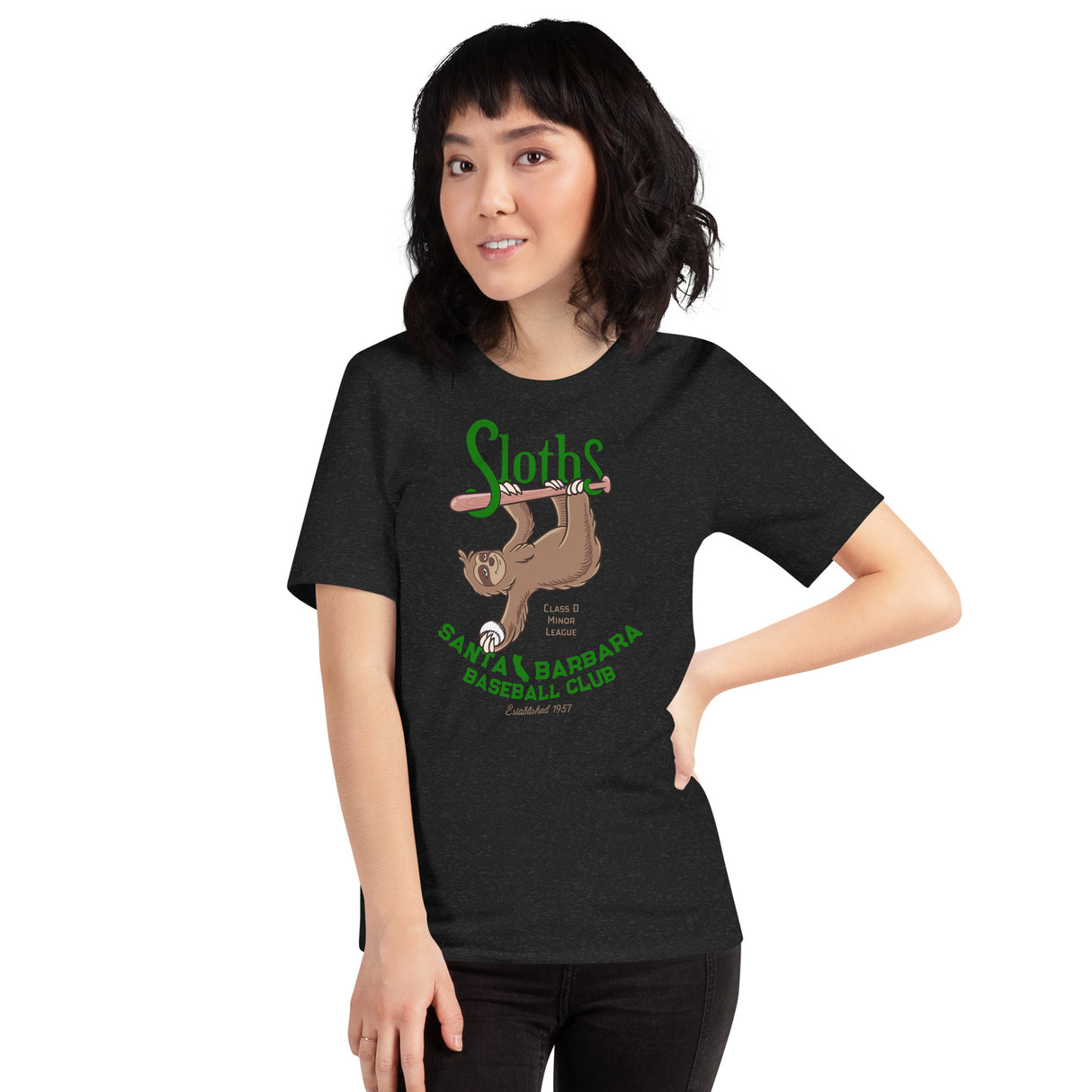 Female model wearing Santa Barbara Sloths retro baseball mascot shirt on Bella Canvas tee

