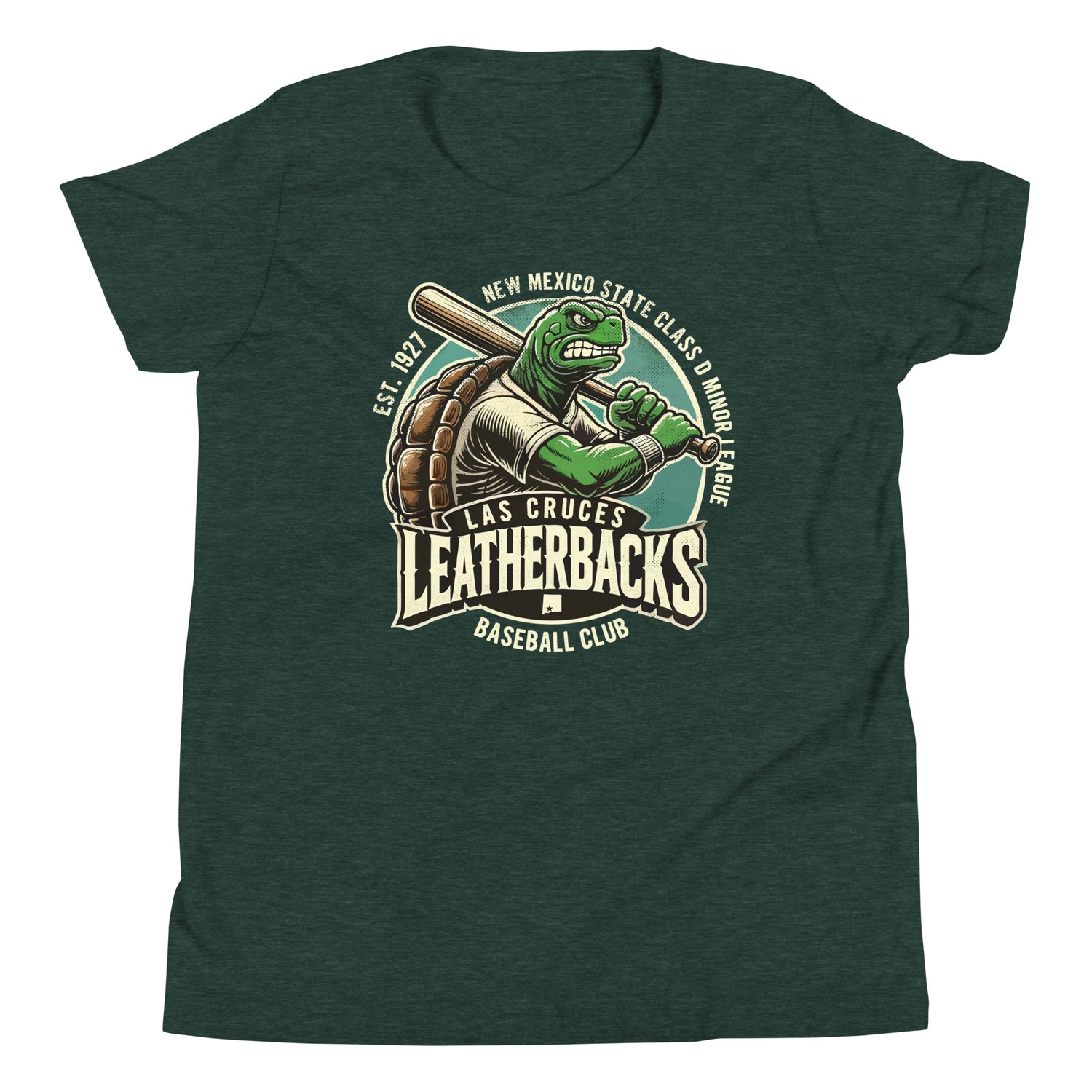 Flat lay of youth Bella+Canvas t-shirt in heather forest green featuring Las Cruces Leatherbacks turtle mascot in a retro baseball pose