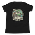 Flat lay of youth Bella+Canvas t-shirt in black featuring Las Cruces Leatherbacks turtle mascot in a retro baseball pose