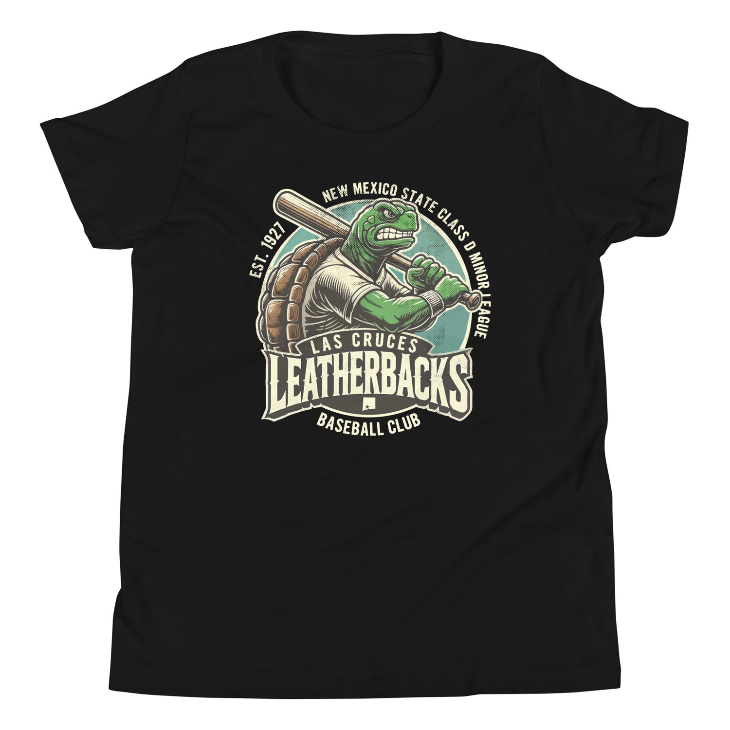 Flat lay of youth Bella+Canvas t-shirt in black featuring Las Cruces Leatherbacks turtle mascot in a retro baseball pose