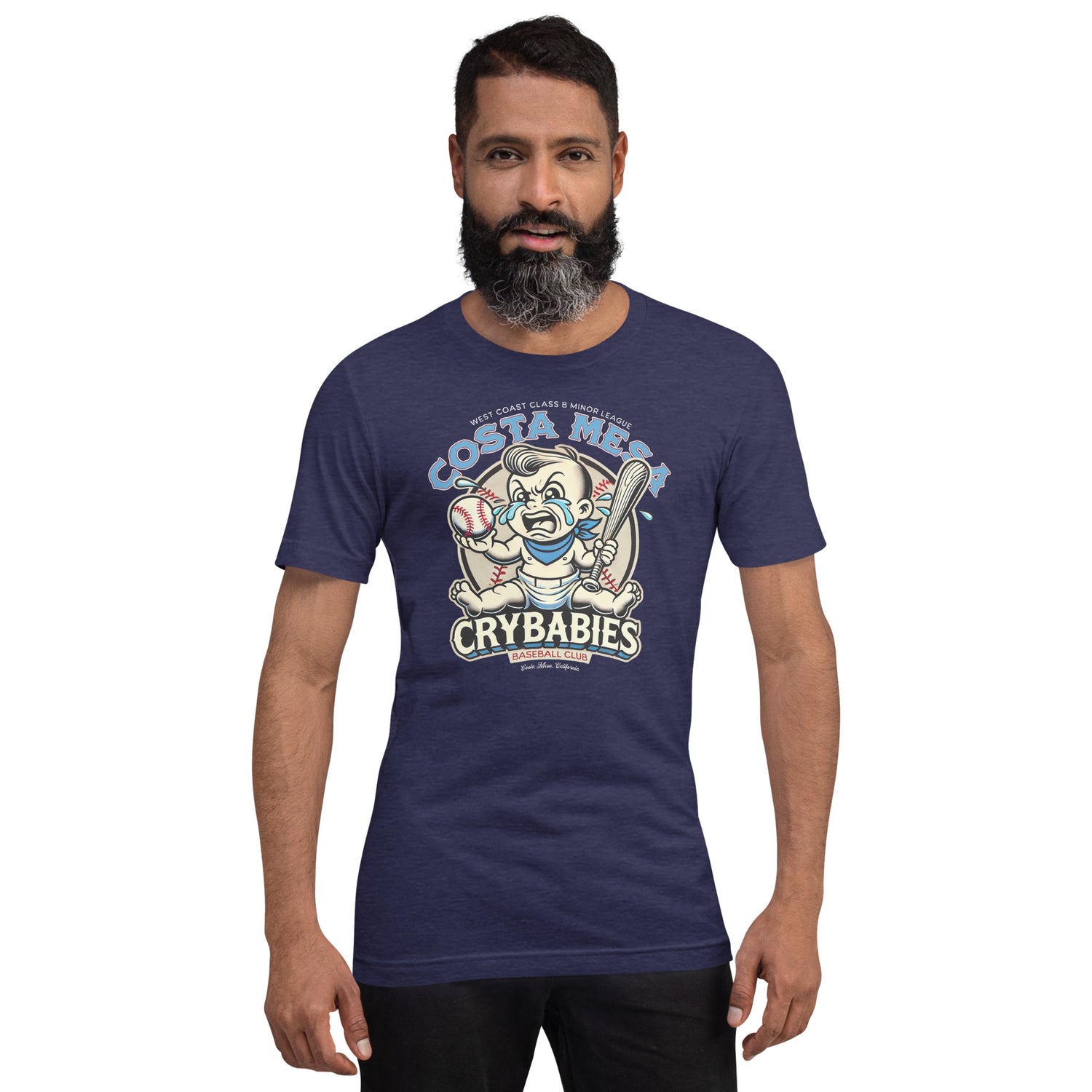 Male model wearing the Costa Mesa Crybabies retro baseball t-shirt in heather navy, featuring an old school minor league baby mascot.