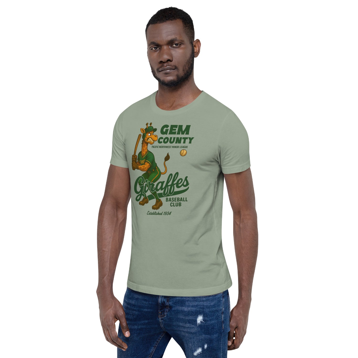 Man modeling sage green Outfield Outlaws t-shirt with giraffe baseball mascot on front