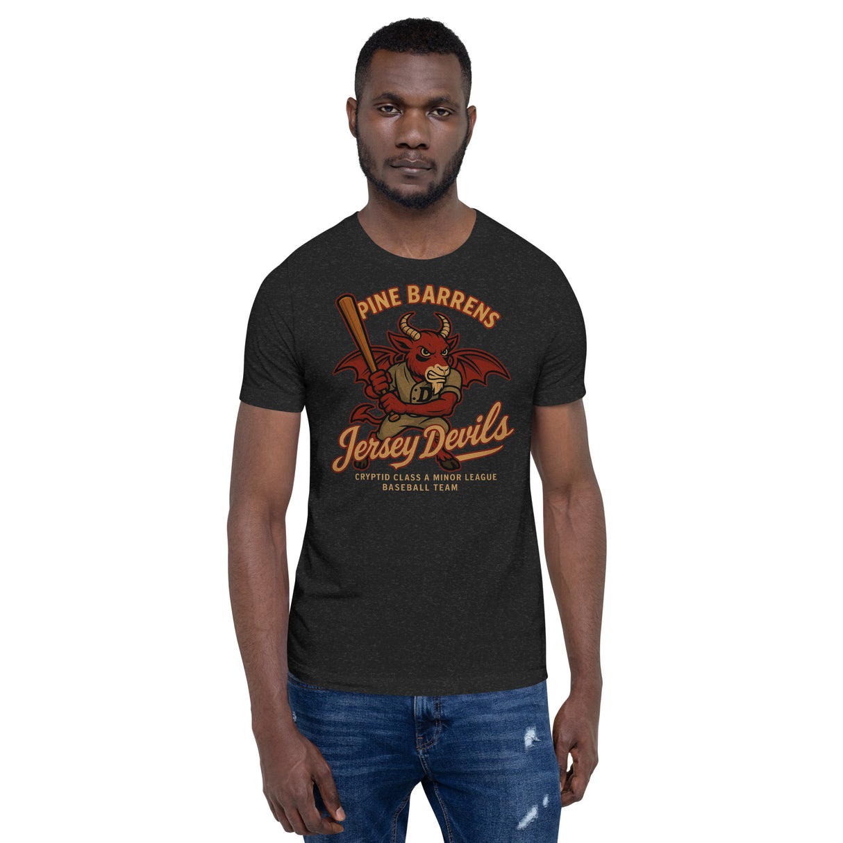 Man wearing Pine Barrens Jersey Devils vintage cryptid baseball shirt in heather black with bold red devil mascot mockup