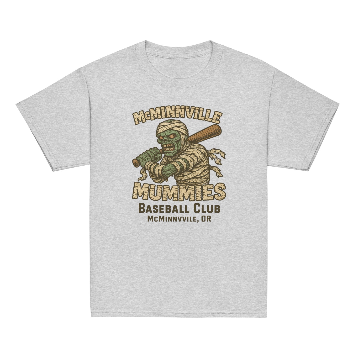 Flat lay of McMinnville Mummies youth retro baseball t-shirt in athletic heather, featuring vintage mummy mascot and old-school baseball design.