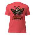 Flat lay of Outfield Outlaws Point Pleasant Haunters tee in Heather Red, featuring vintage Mothman mascot graphic