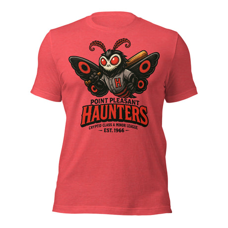Flat lay of Outfield Outlaws Point Pleasant Haunters tee in Heather Red, featuring vintage Mothman mascot graphic