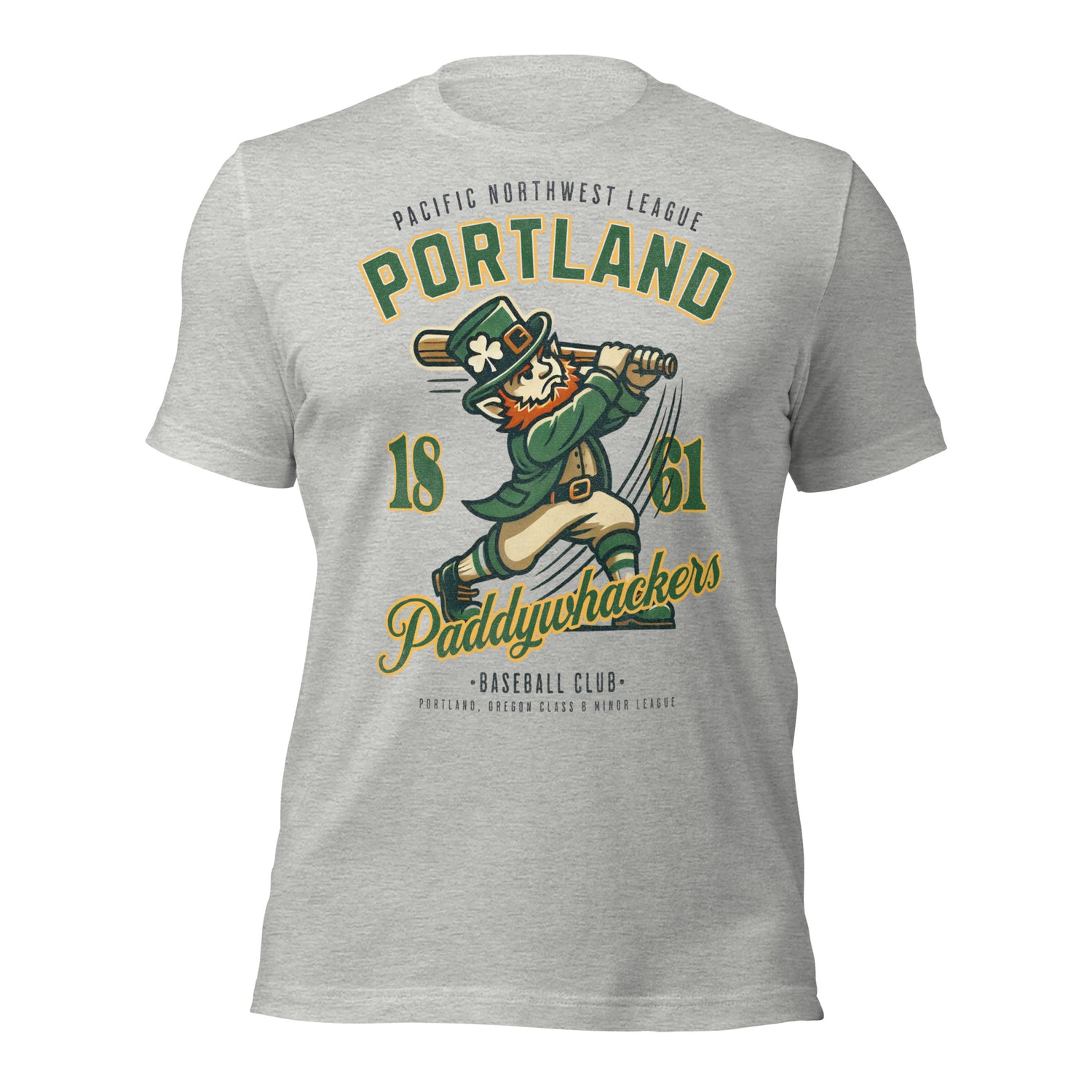 Flat lay of Portland Paddywhackers t-shirt in athletic heather with bold retro leprechaun baseball graphic.

