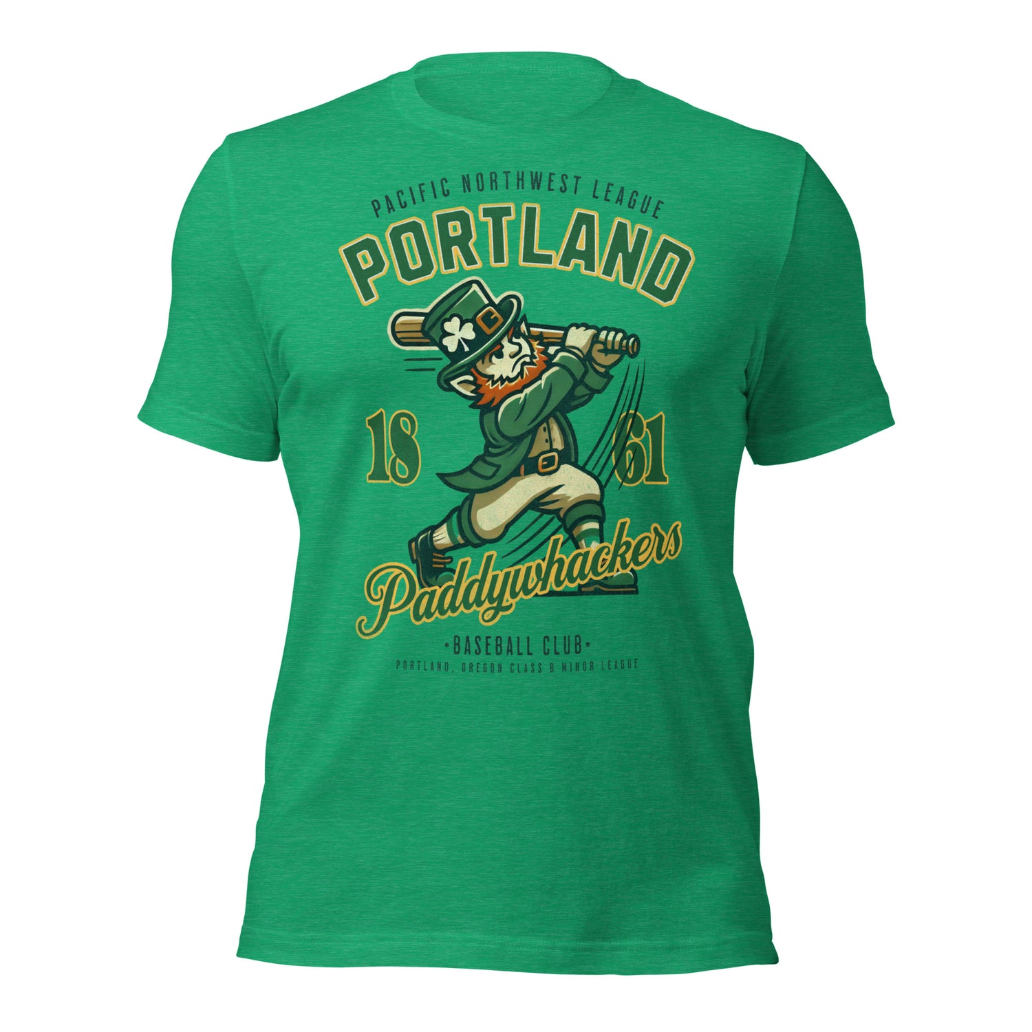 Flat lay of Portland Paddywhackers t-shirt in kelly heather green with vintage leprechaun baseball design.