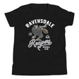 Flat lay of the Ravensdale Reapers youth vintage baseball t-shirt in black featuring a grim reaper mascot and retro minor league design.