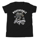 Flat lay of the Ravensdale Reapers youth vintage baseball t-shirt in black featuring a grim reaper mascot and retro minor league design.