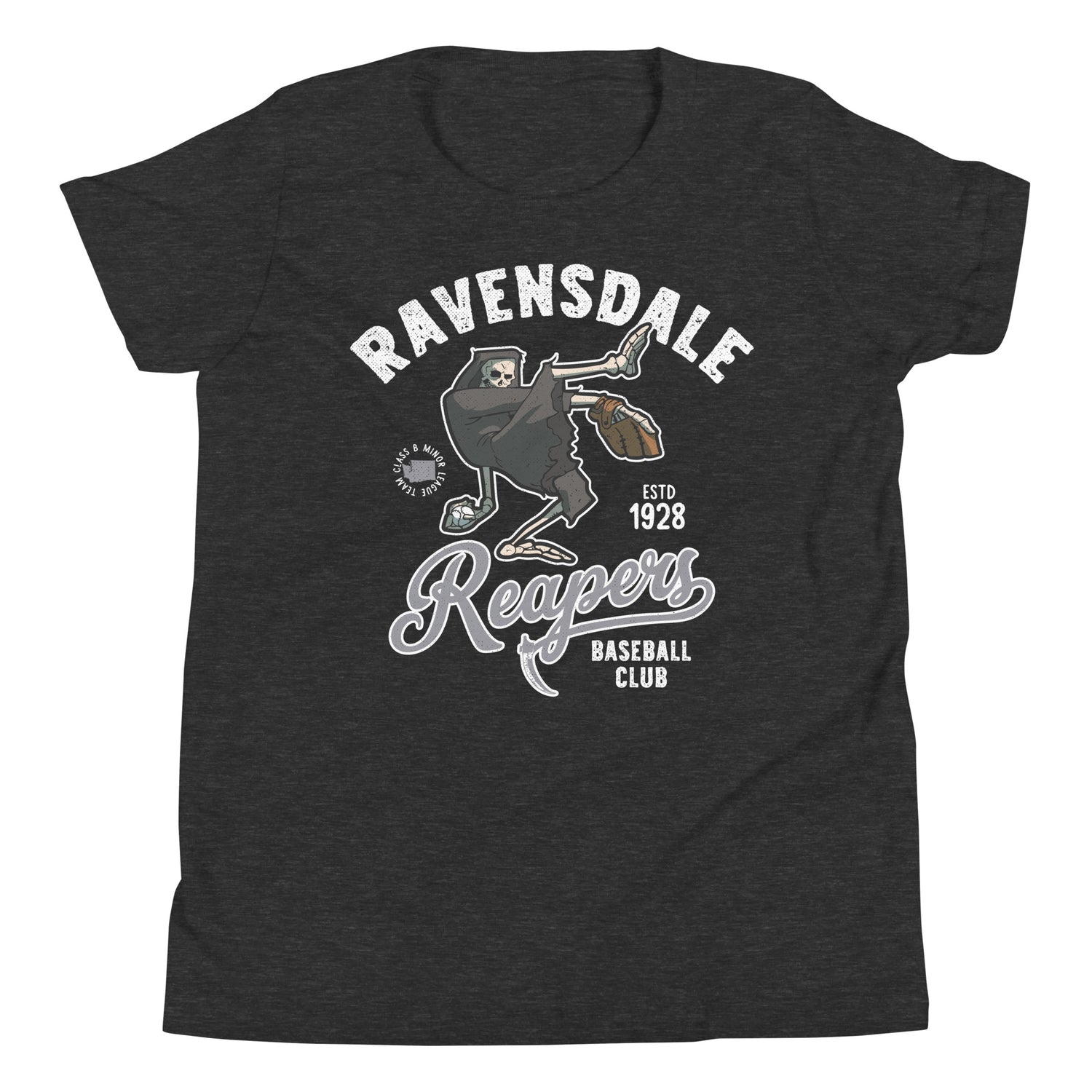 Flat lay of the Ravensdale Reapers youth retro baseball shirt in dark heather grey with spooky grim reaper mascot and throwback team style.