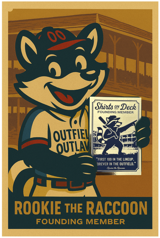 Retro-style illustration of Rookie the Raccoon proudly holding a gold foil Shirts On Deck Founding Member card in front of a vintage baseball stadium.