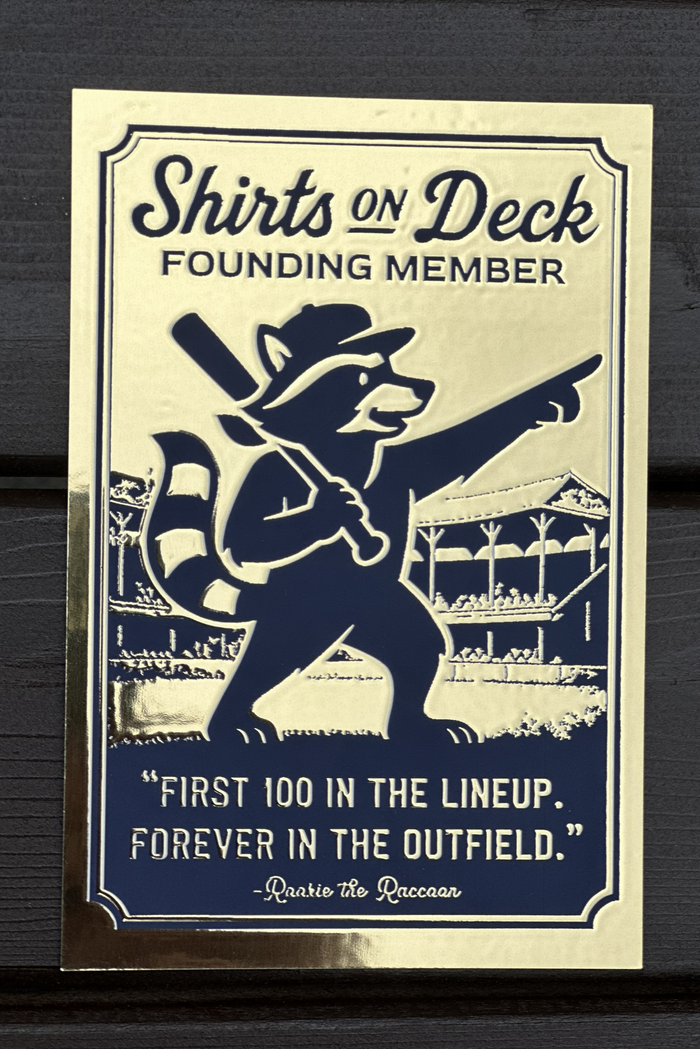 Gold foil Shirts On Deck founding member card