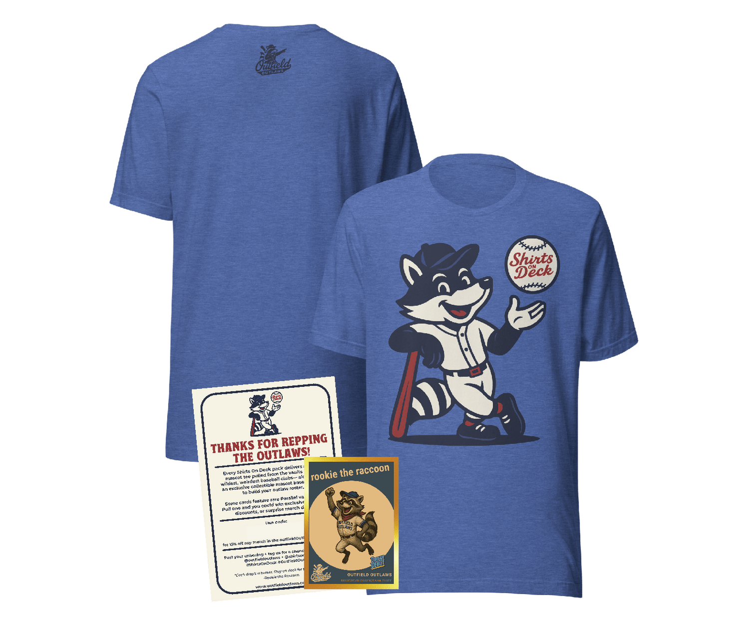 Outfield Outlaws Shirts On Deck monthly t-shirt subscription featuring the All-Star Tier packaging with baseball card, thank you card, and shirt